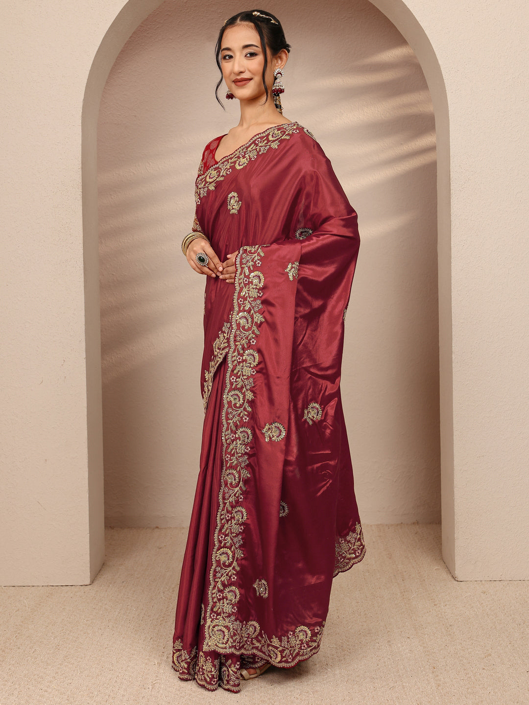 Maroon Floral Embellished Satin Saree With Unstitched Blouse Piece