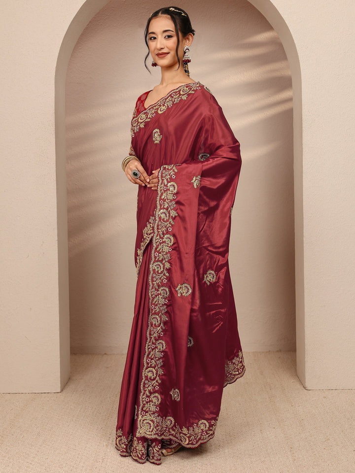 Maroon Floral Embellished Satin Saree With Unstitched Blouse Piece