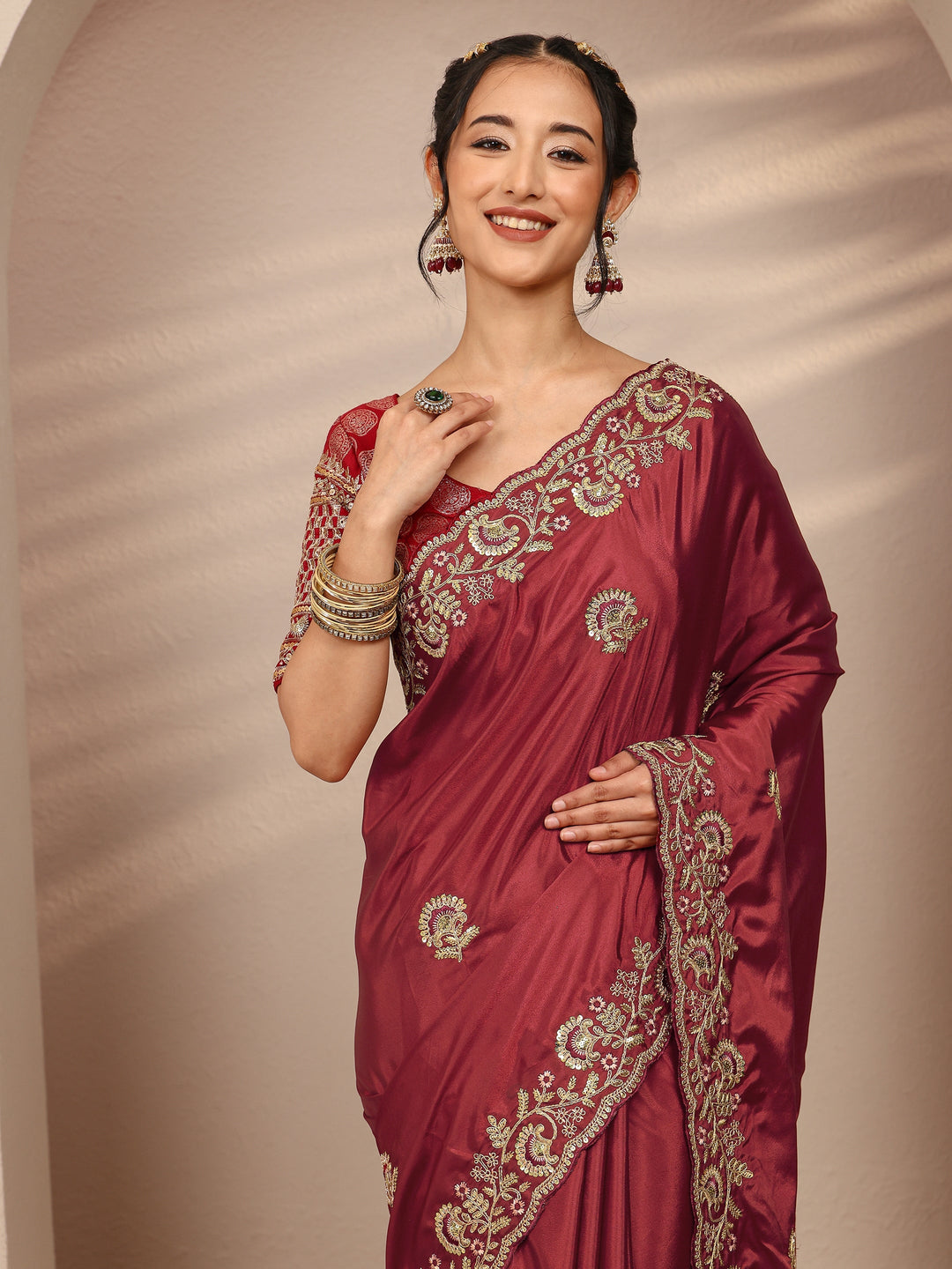 Maroon Floral Embellished Satin Saree With Unstitched Blouse Piece