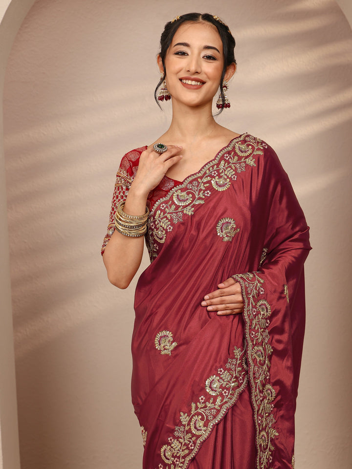 Maroon Floral Embellished Satin Saree With Unstitched Blouse Piece