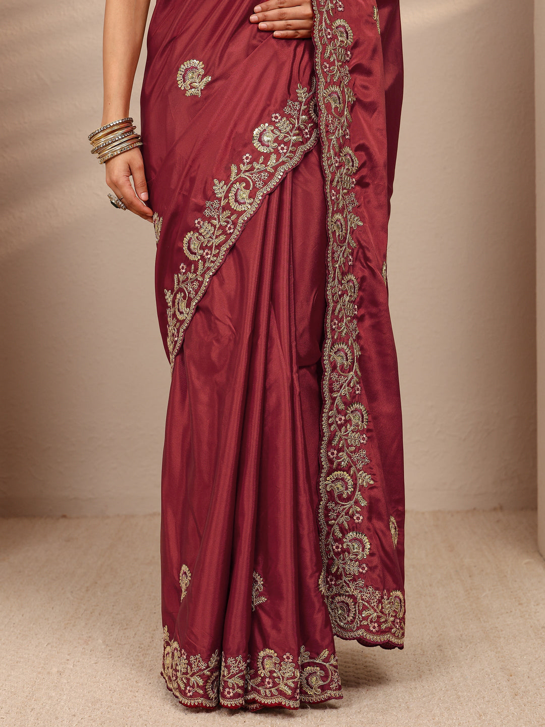 Maroon Floral Embellished Satin Saree With Unstitched Blouse Piece