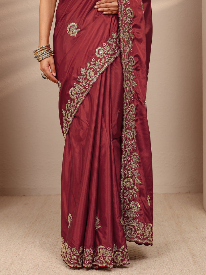 Maroon Floral Embellished Satin Saree With Unstitched Blouse Piece