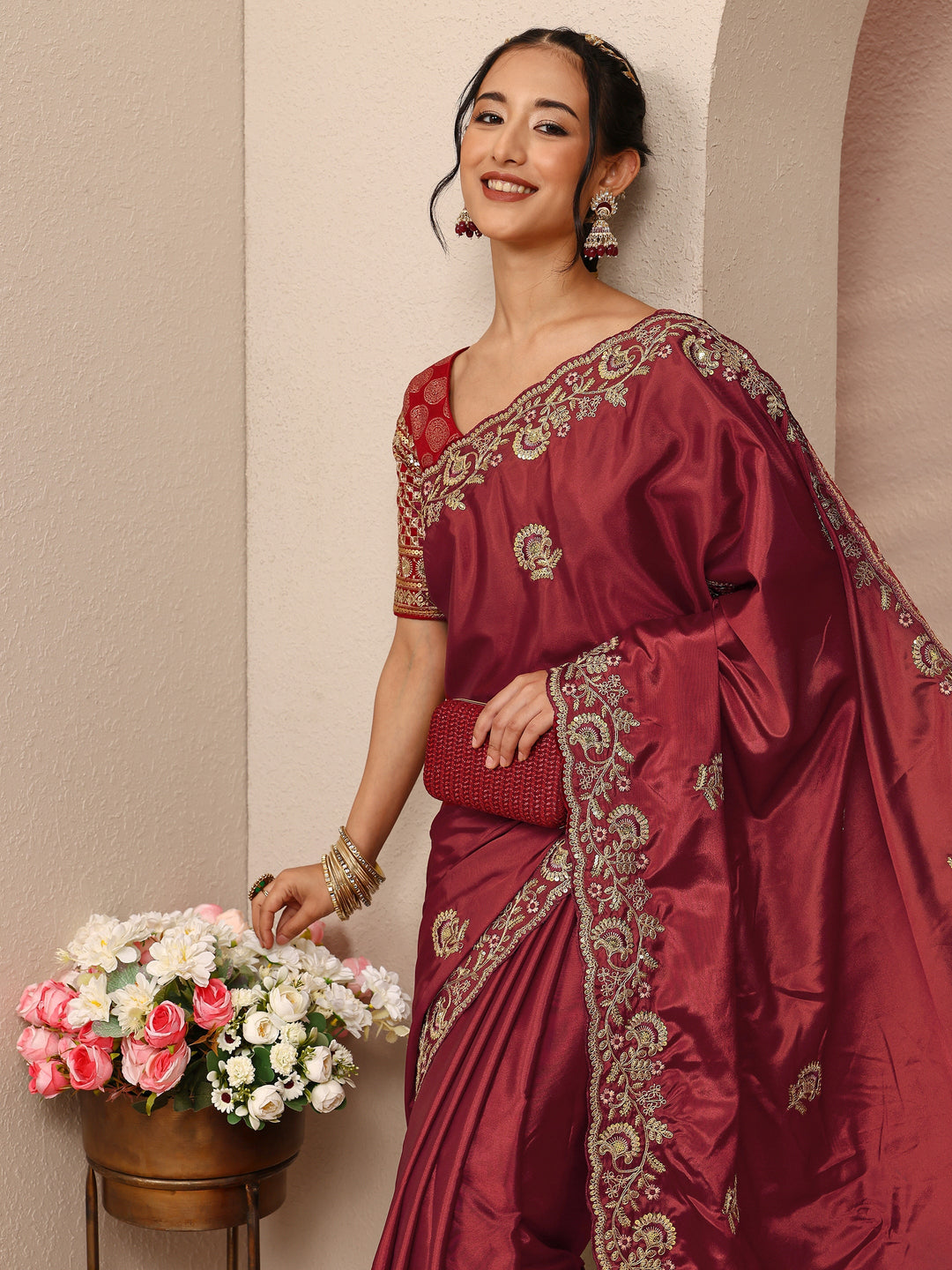 Maroon Floral Embellished Satin Saree With Unstitched Blouse Piece