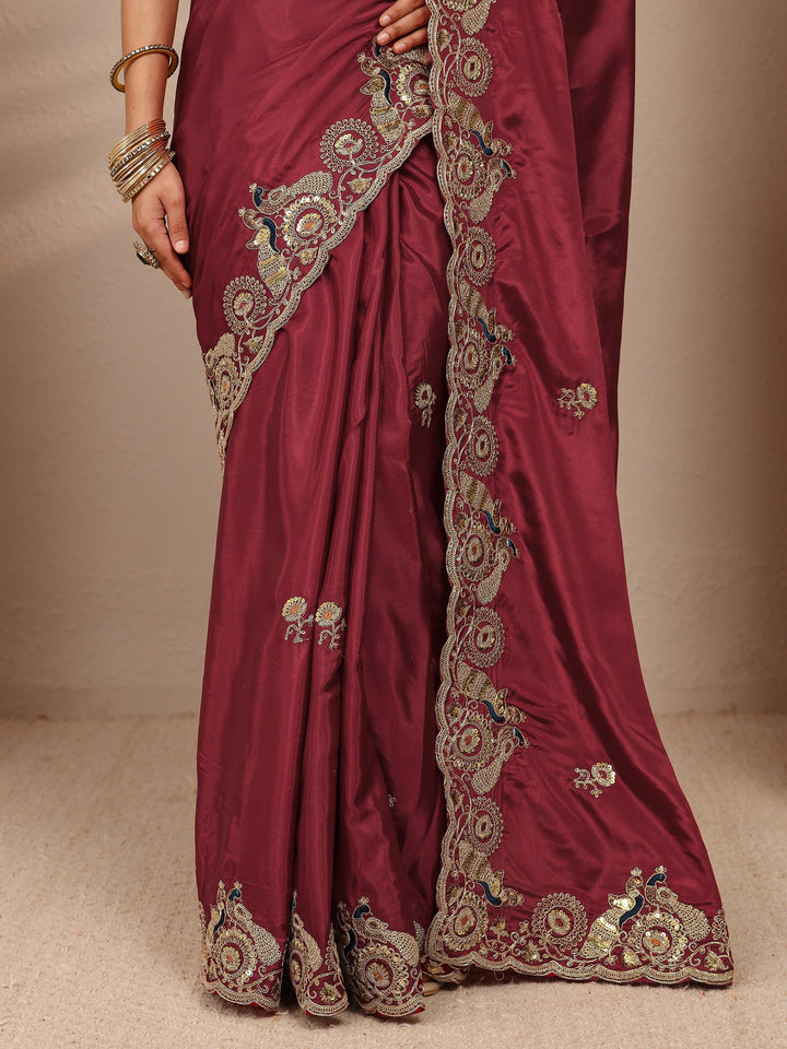 Maroon Solid Satin Saree With Unstitched Blouse Piece