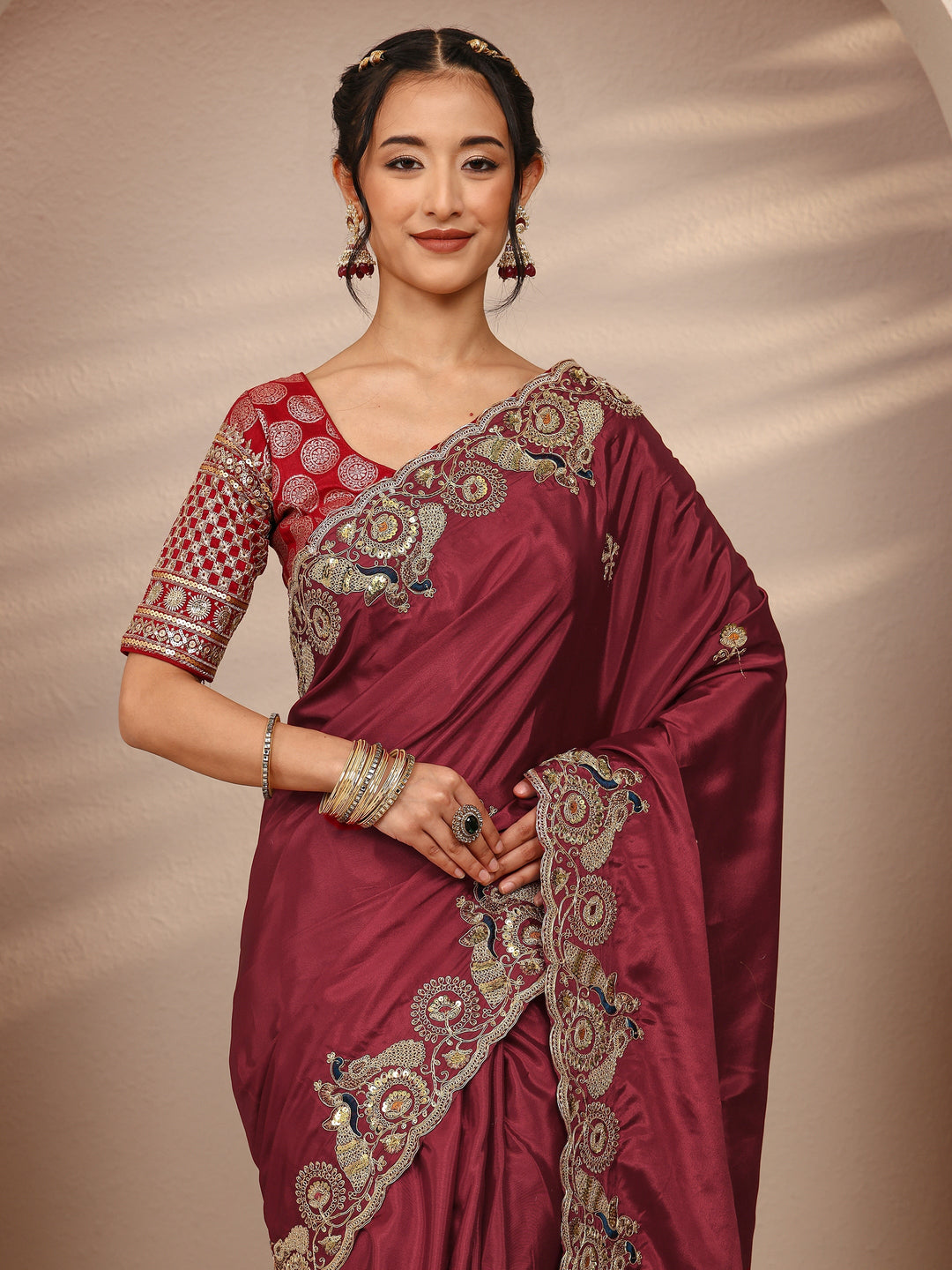Maroon Solid Satin Saree With Unstitched Blouse Piece