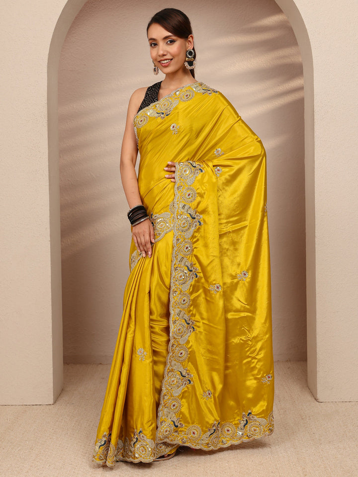 Mustard Floral Embellished Satin Saree
With Unstitched Blouse Piece