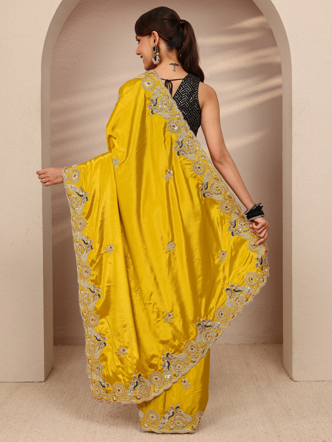 Mustard Floral Embellished Satin Saree
With Unstitched Blouse Piece