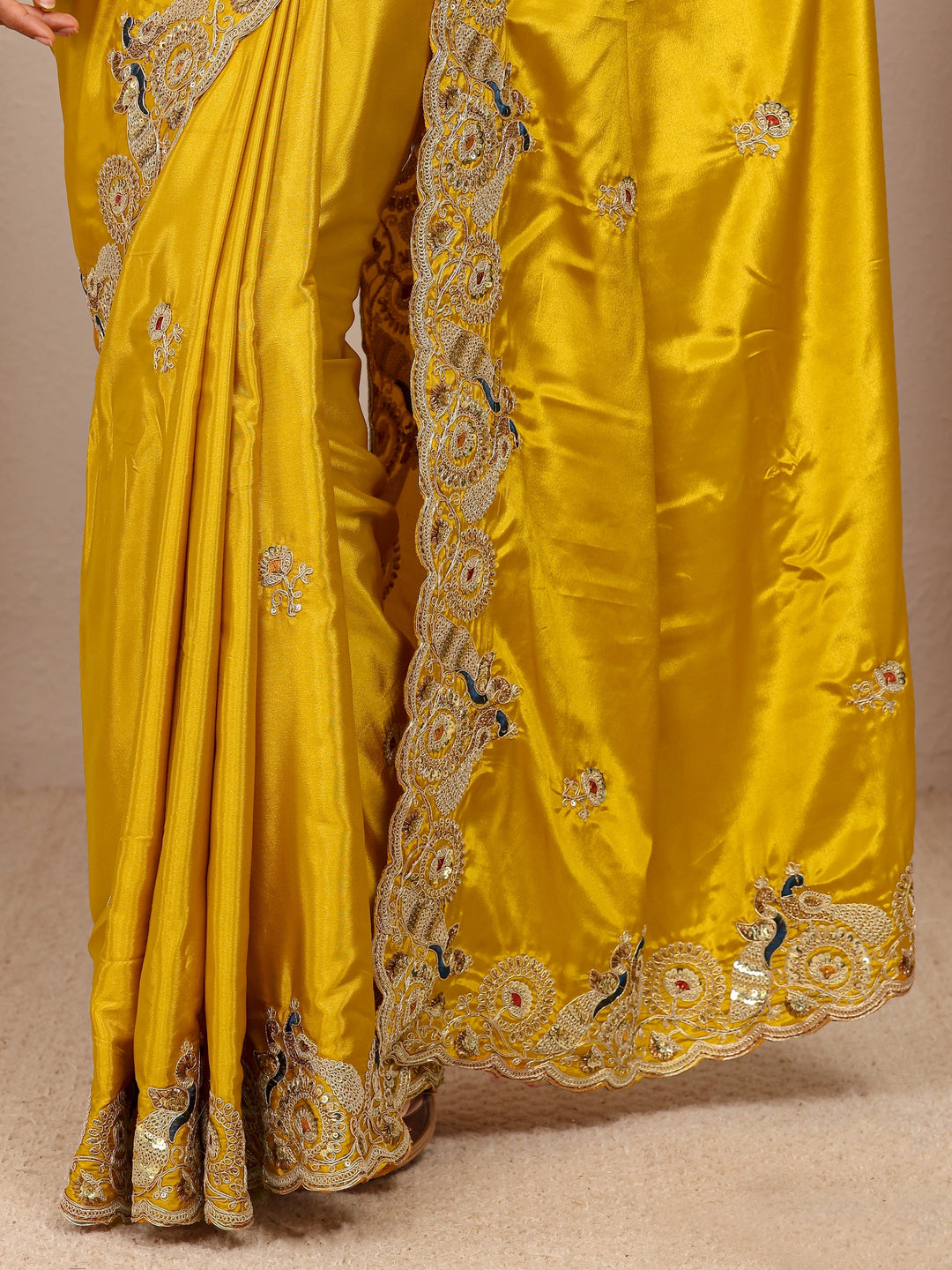 Mustard Floral Embellished Satin Saree
With Unstitched Blouse Piece