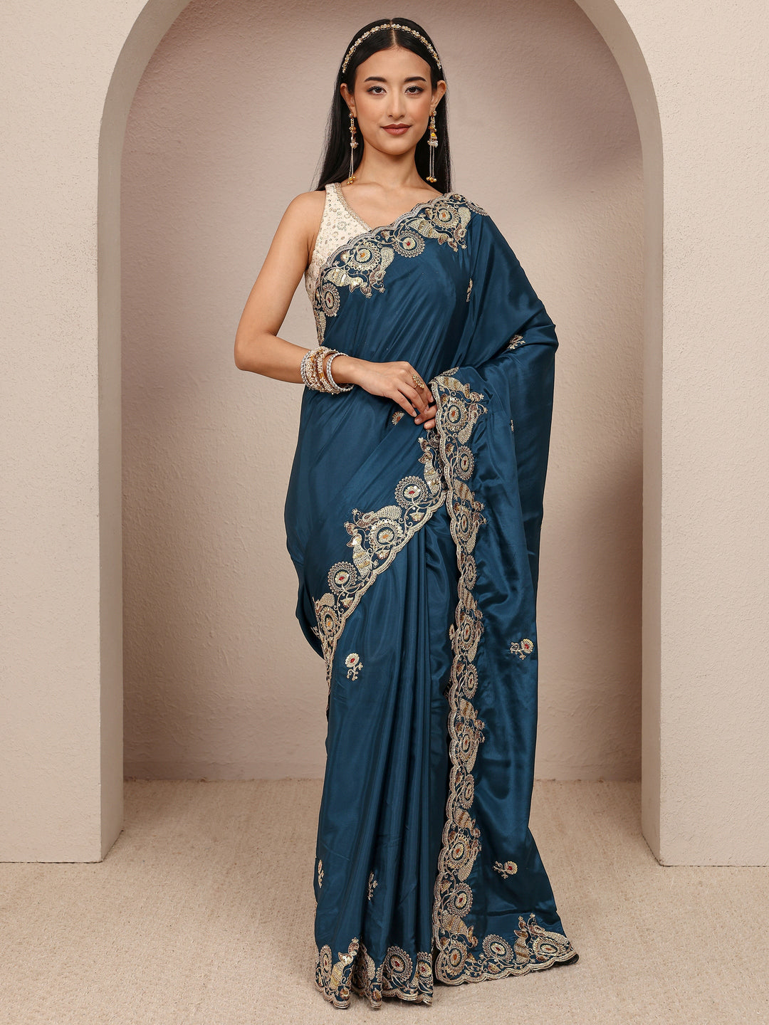 Teal Solid Satin Saree With Unstitched Blouse Piece