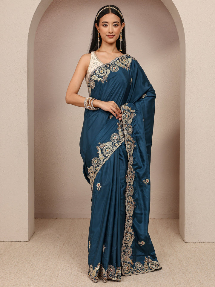 Teal Solid Satin Saree With Unstitched Blouse Piece