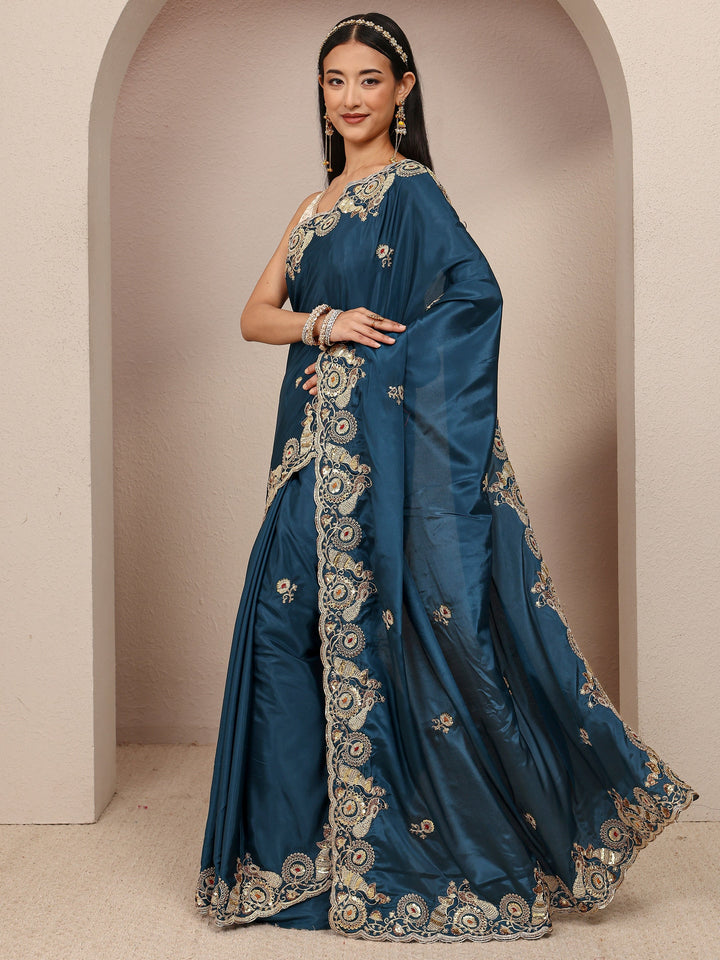 Teal Solid Satin Saree With Unstitched Blouse Piece