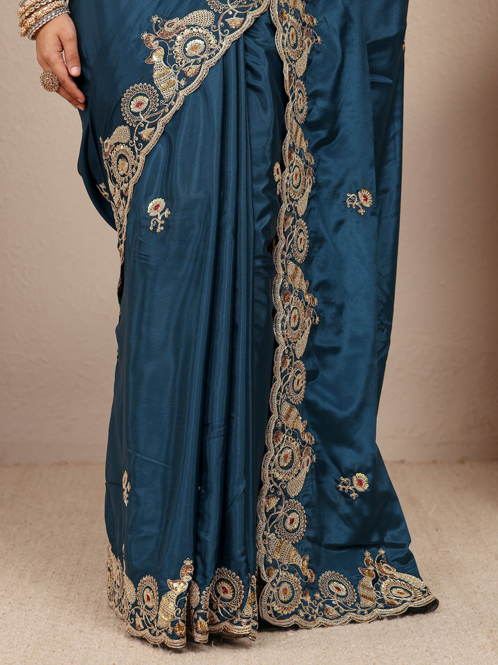 Teal Solid Satin Saree With Unstitched Blouse Piece