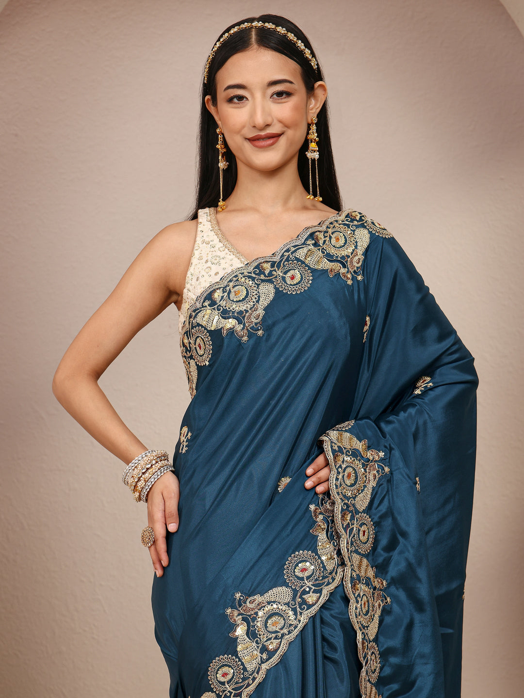 Teal Solid Satin Saree With Unstitched Blouse Piece