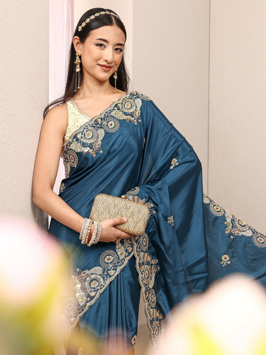 Teal Solid Satin Saree With Unstitched Blouse Piece