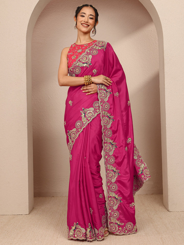 Pink Solid Satin Saree With Unstitched Blouse Piece