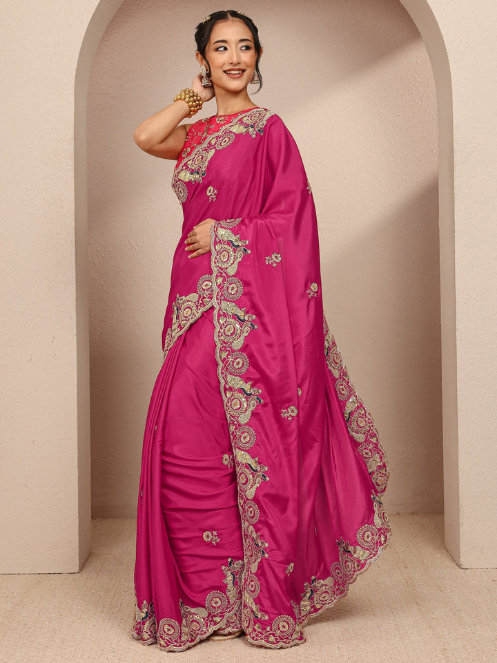 Pink Solid Satin Saree With Unstitched Blouse Piece