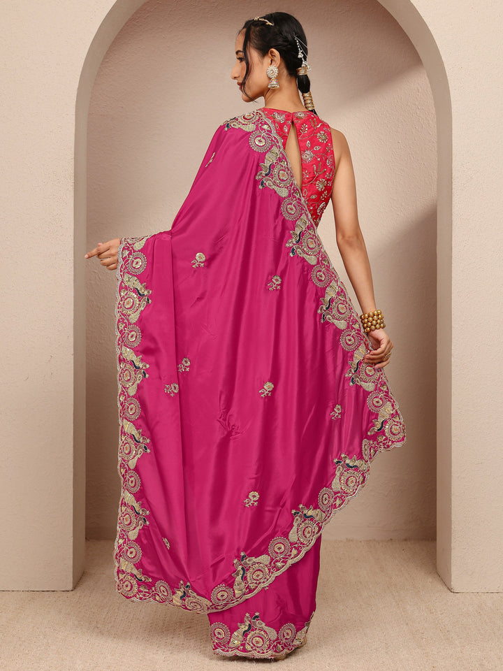 Pink Solid Satin Saree With Unstitched Blouse Piece