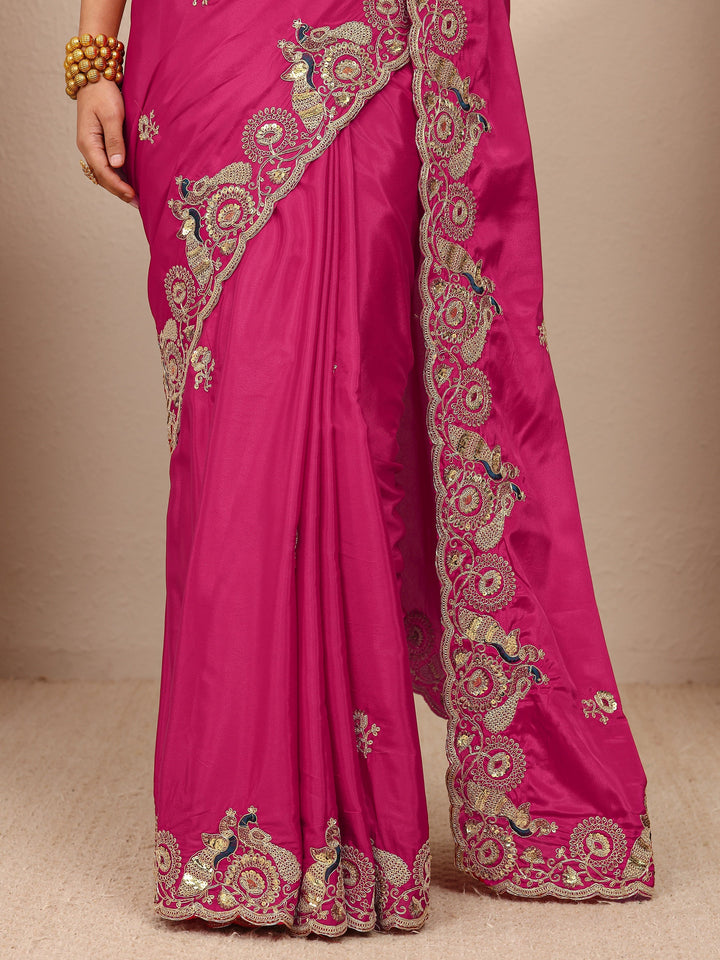 Pink Solid Satin Saree With Unstitched Blouse Piece