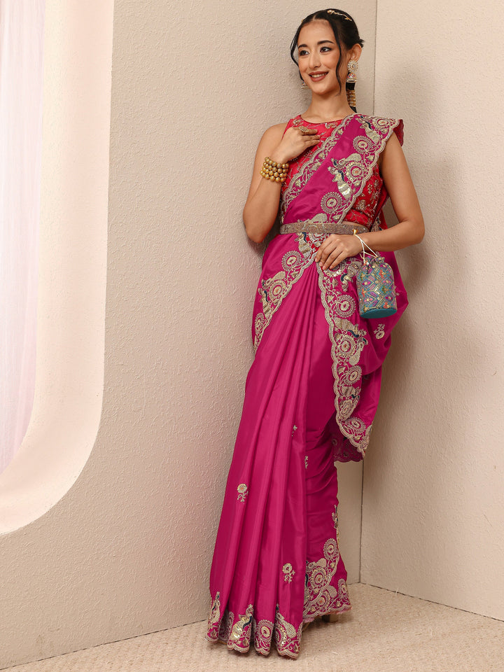 Pink Solid Satin Saree With Unstitched Blouse Piece