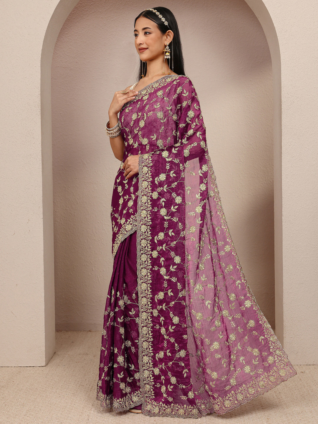 Burgundy Floral Embellished Chiffon Saree With Unstitched Blouse Piece