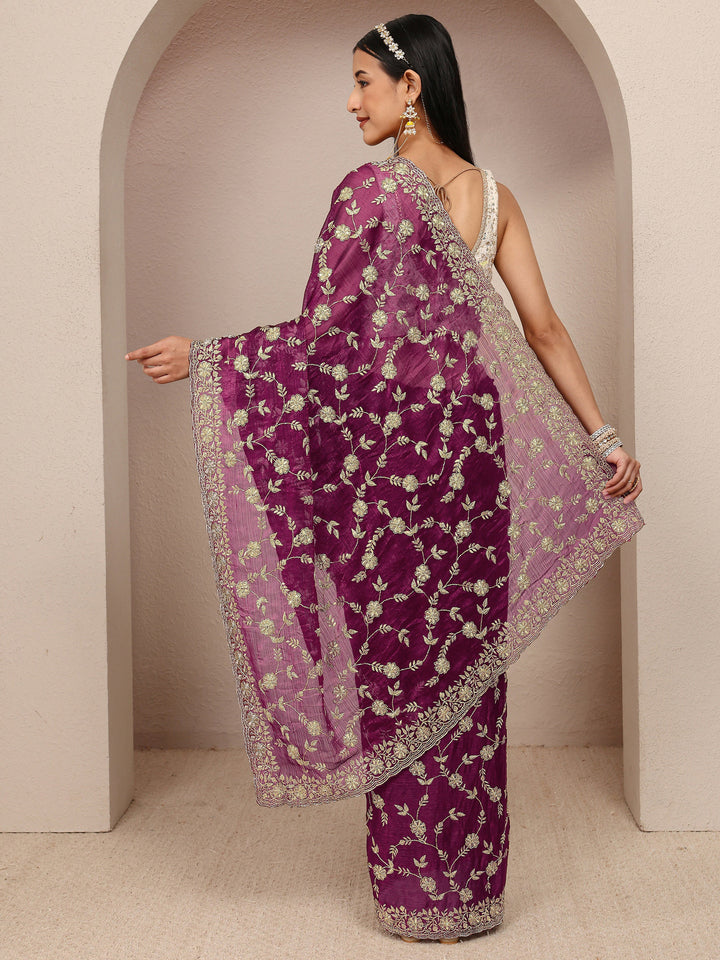Burgundy Floral Embellished Chiffon Saree With Unstitched Blouse Piece