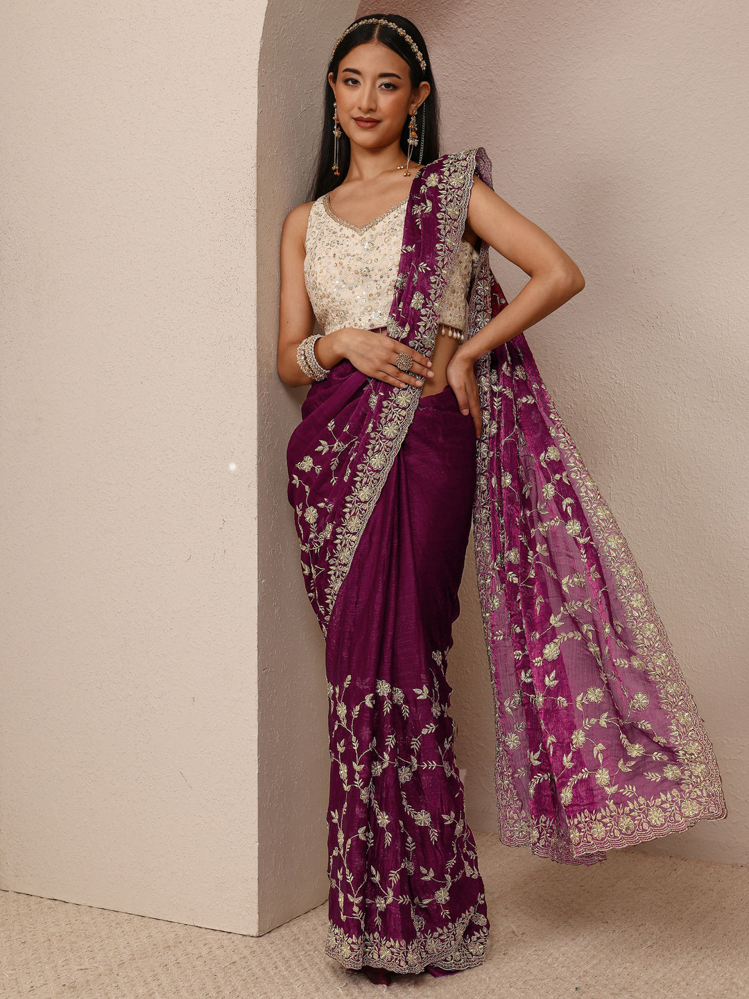 Burgundy Floral Embellished Chiffon Saree With Unstitched Blouse Piece