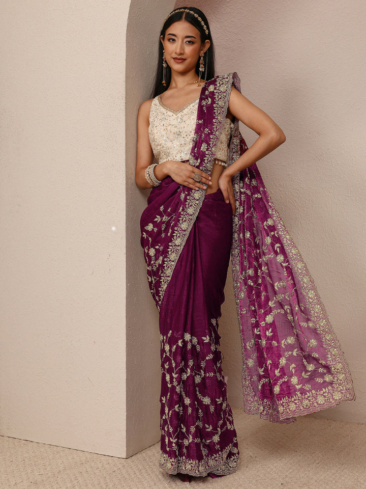 Burgundy Floral Embellished Chiffon Saree With Unstitched Blouse Piece