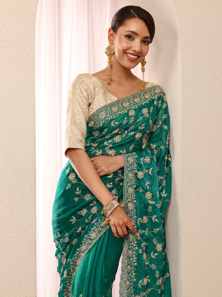 Green Floral Embellished Chiffon Saree
With Unstitched Blouse Piece