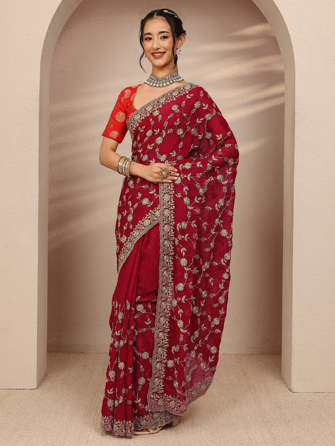 Red Floral Embellished Chiffon Saree With Unstitched Blouse Piece