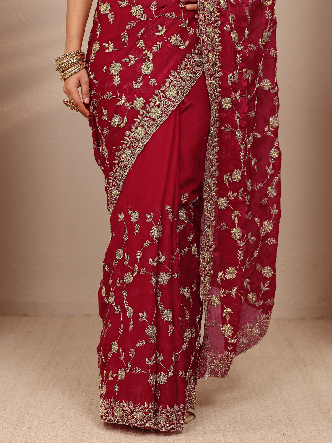 Red Floral Embellished Chiffon Saree With Unstitched Blouse Piece
