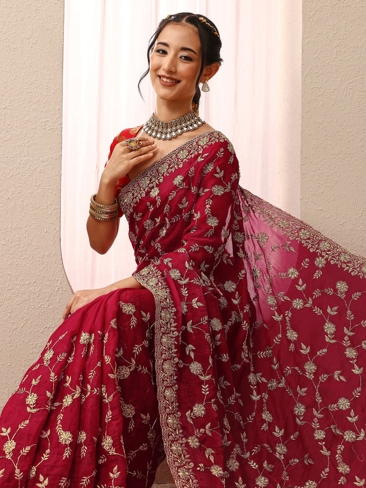 Red Floral Embellished Chiffon Saree With Unstitched Blouse Piece