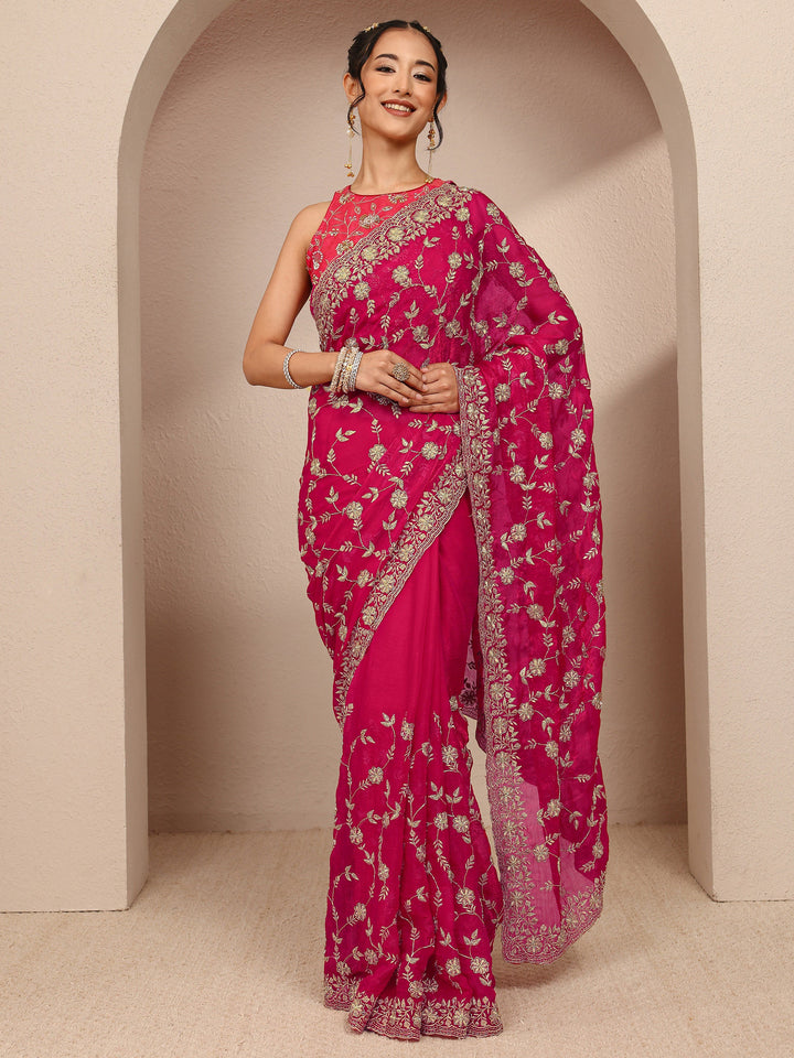 Pink Floral Embellished Chiffon Saree With Unstitched Blouse Piece