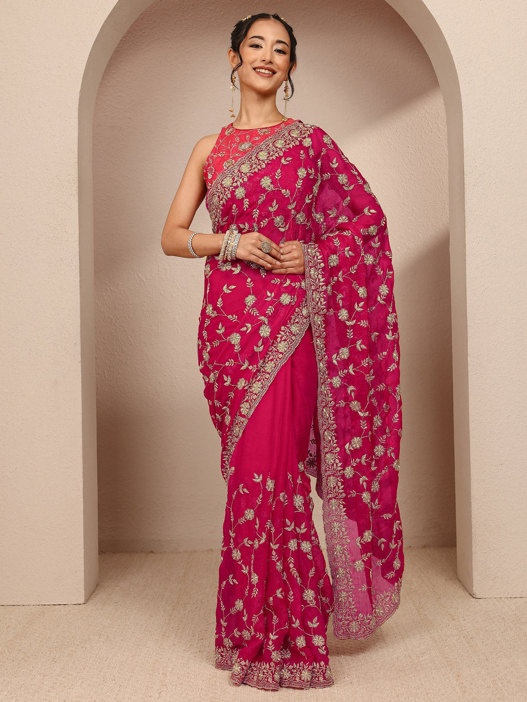 Libas Pink Floral Embellished Chiffon Saree With Unstitched Blouse Piece