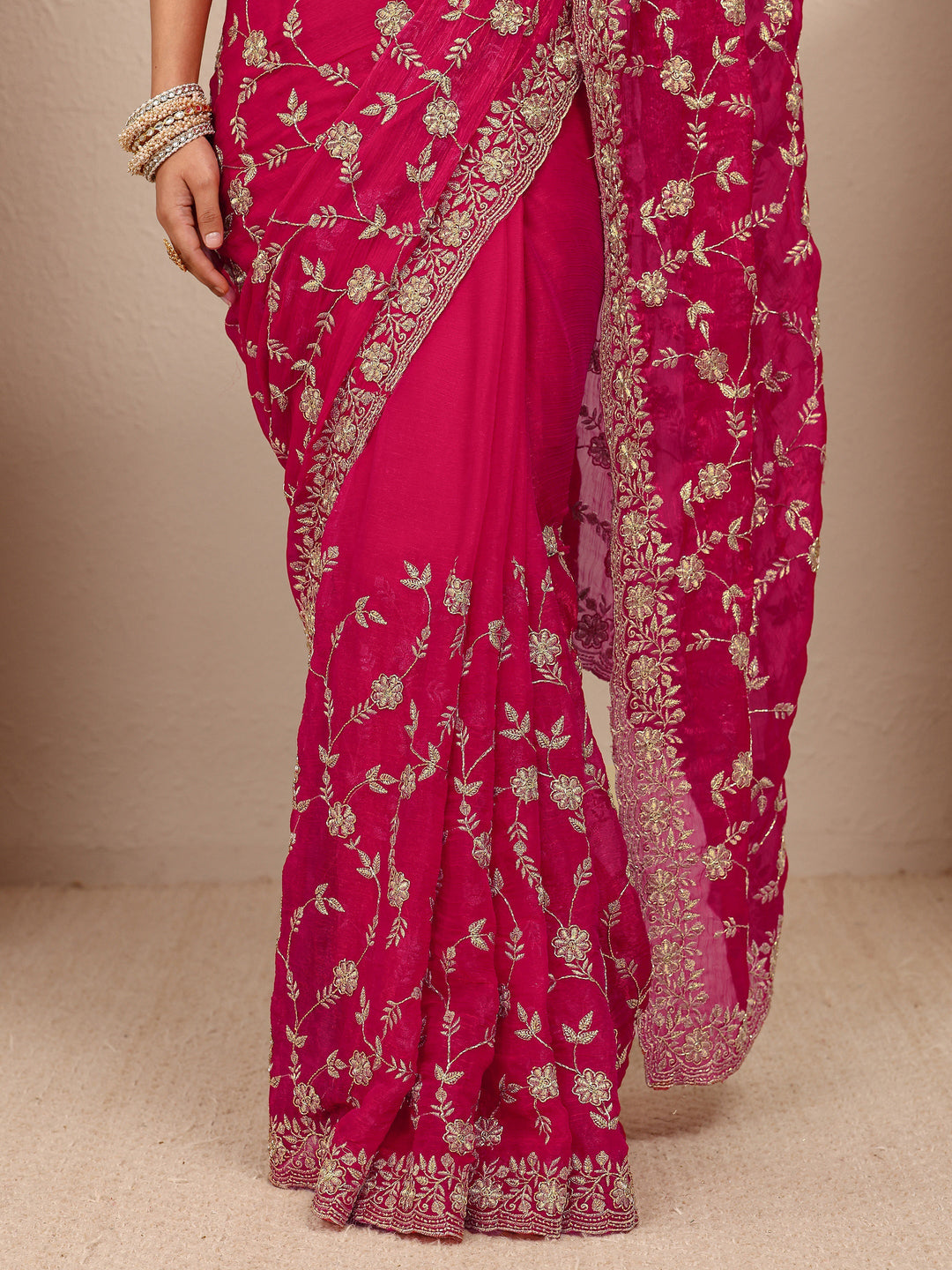 Libas Pink Floral Embellished Chiffon Saree With Unstitched Blouse Piece