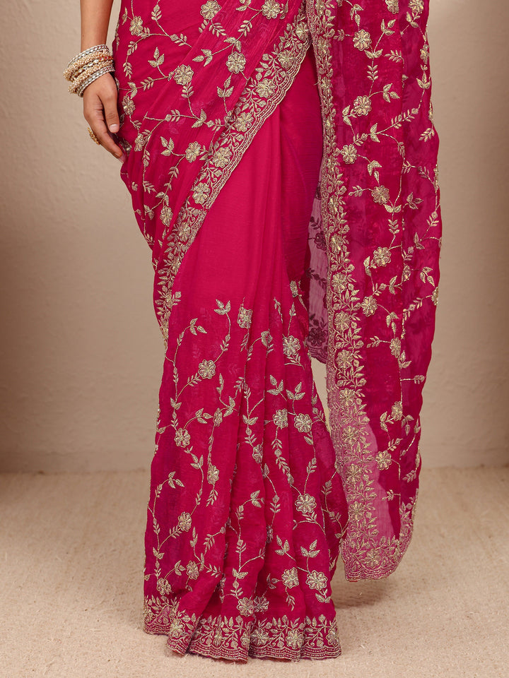 Libas Pink Floral Embellished Chiffon Saree With Unstitched Blouse Piece