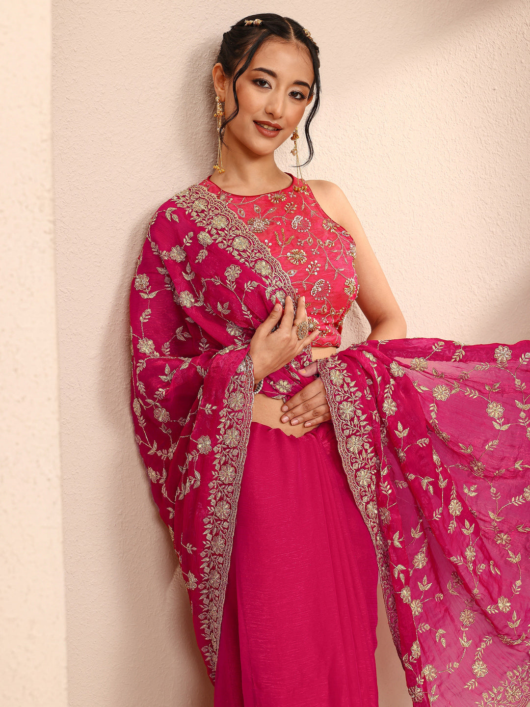 Libas Pink Floral Embellished Chiffon Saree With Unstitched Blouse Piece
