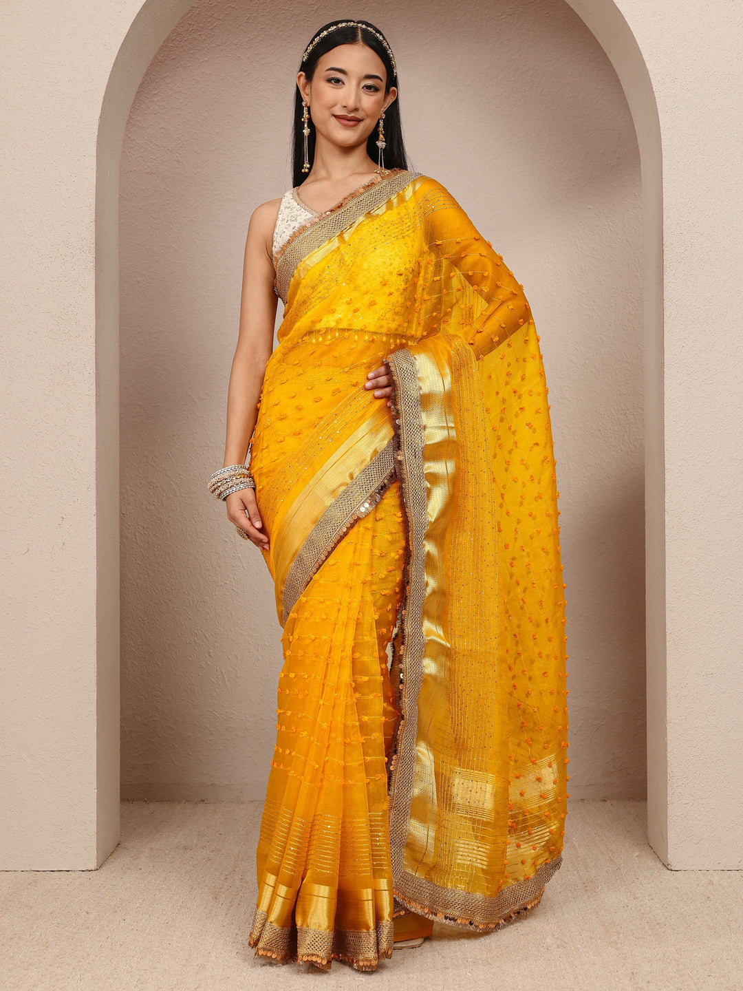 Mustard Woven Design Chanderi Silk Saree With Unstitched Blouse Piece