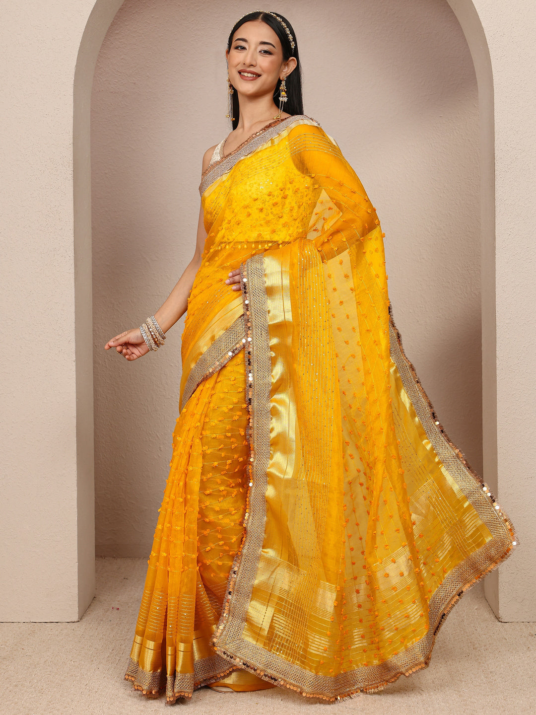 Mustard Woven Design Chanderi Silk Saree With Unstitched Blouse Piece