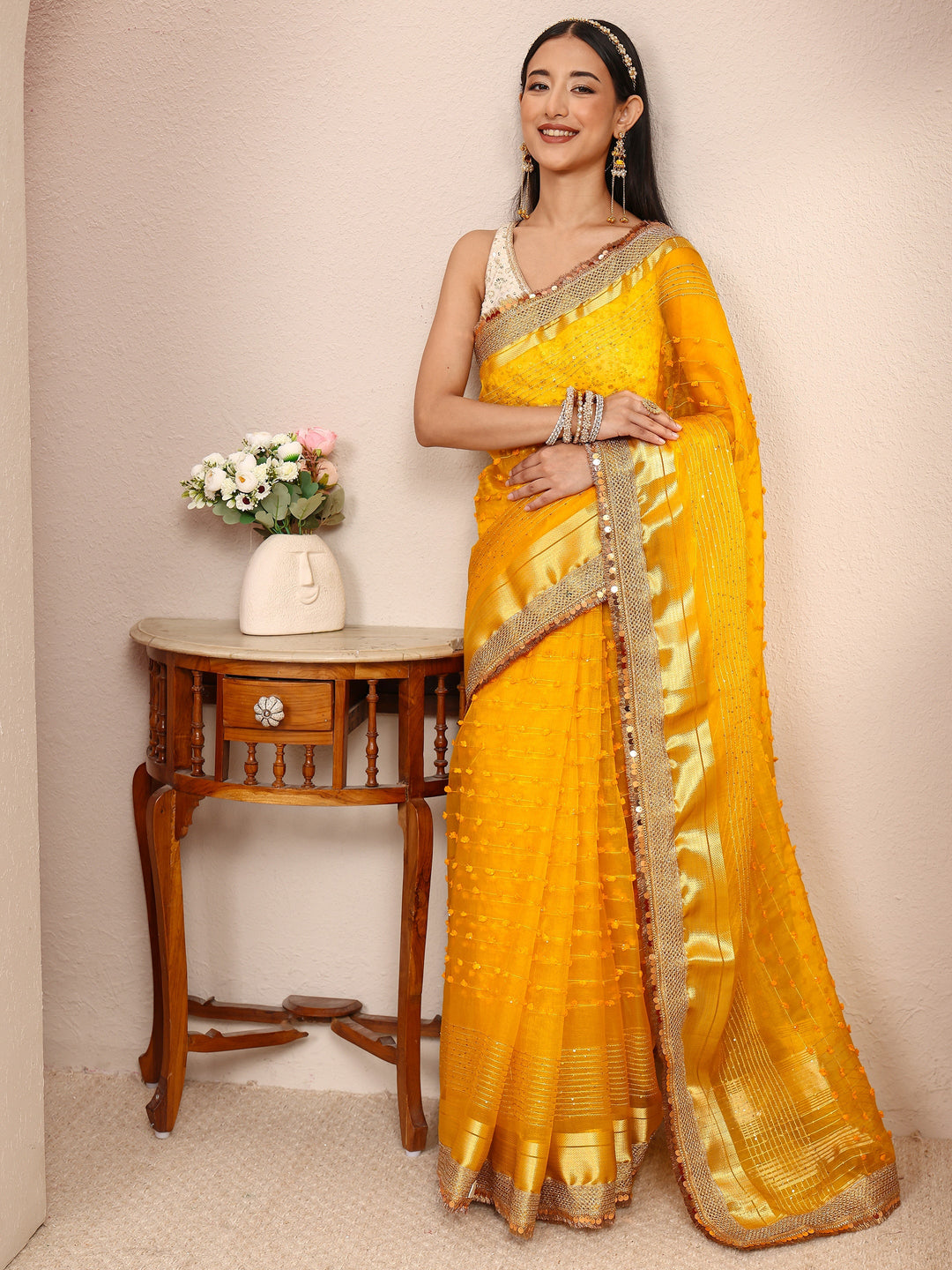 Mustard Woven Design Chanderi Silk Saree With Unstitched Blouse Piece