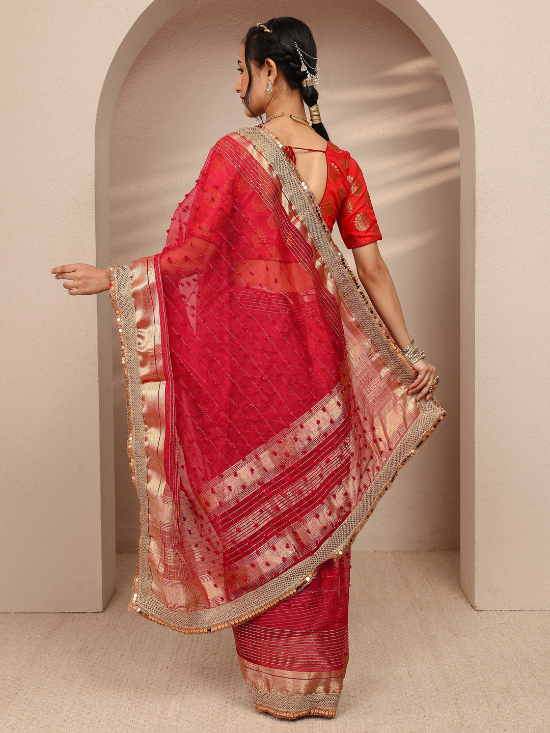 Red Woven Design Chanderi Silk Saree With Unstitched Blouse Piece