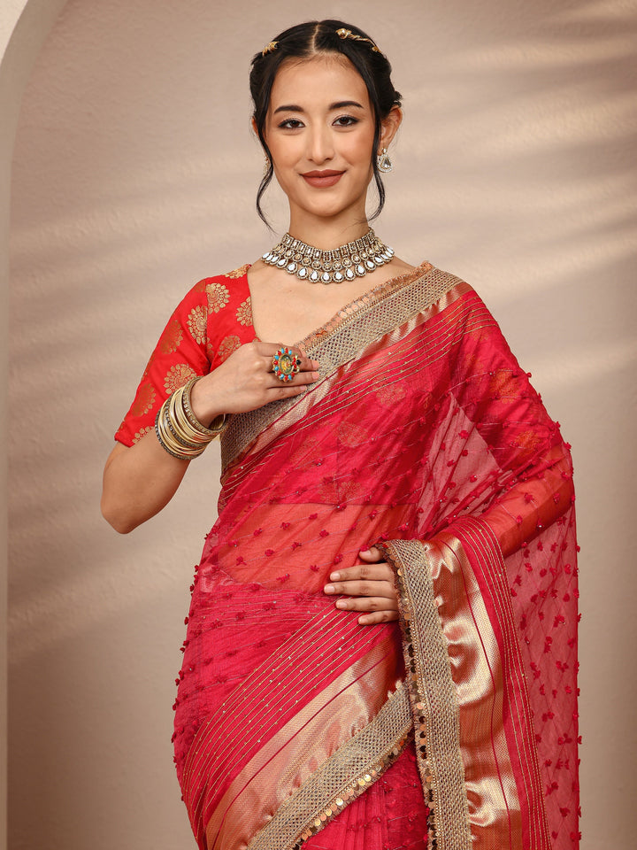 Red Woven Design Chanderi Silk Saree With Unstitched Blouse Piece