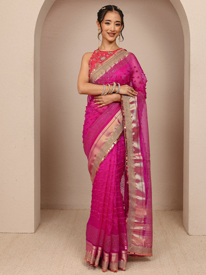 Pink Woven Design Chanderi Silk Saree With Unstitched Blouse Piece