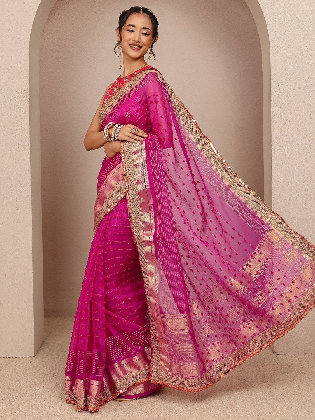 Pink Woven Design Chanderi Silk Saree With Unstitched Blouse Piece