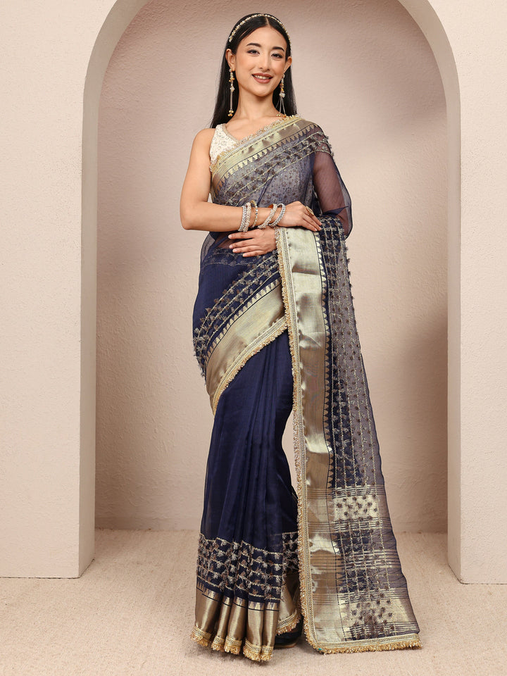 Navy Blue Woven Design Chanderi Silk Saree With Unstitched Blouse Piece