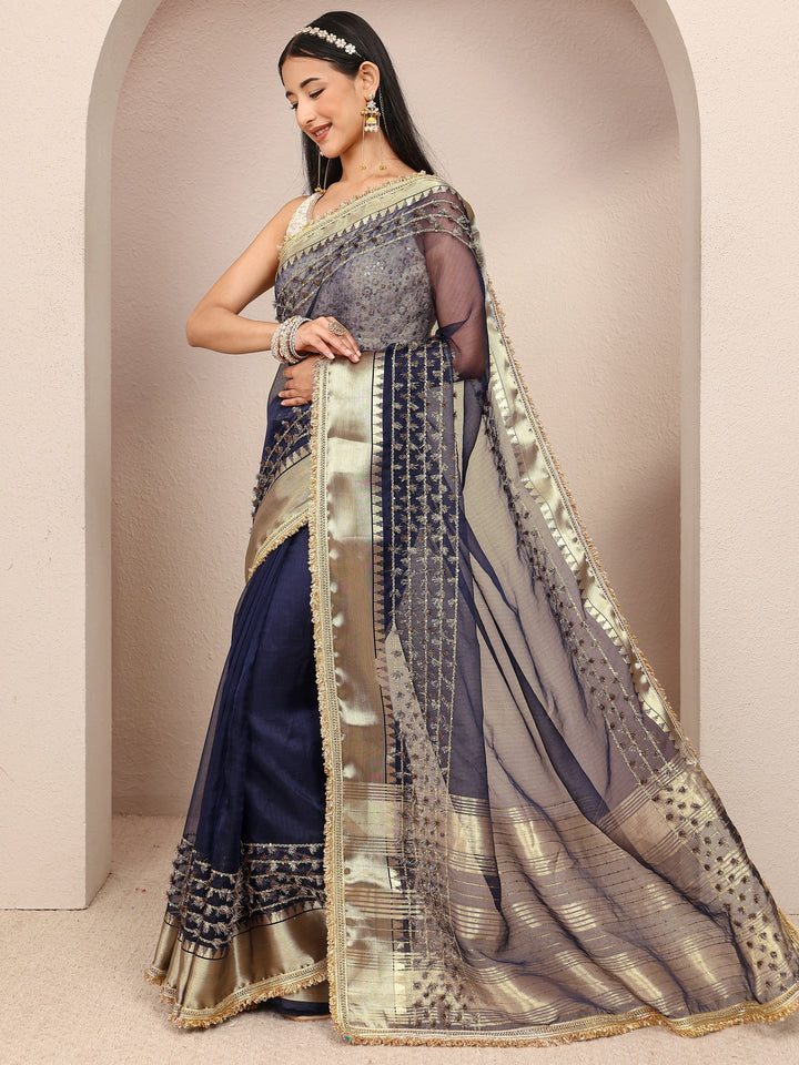 Navy Blue Woven Design Chanderi Silk Saree With Unstitched Blouse Piece