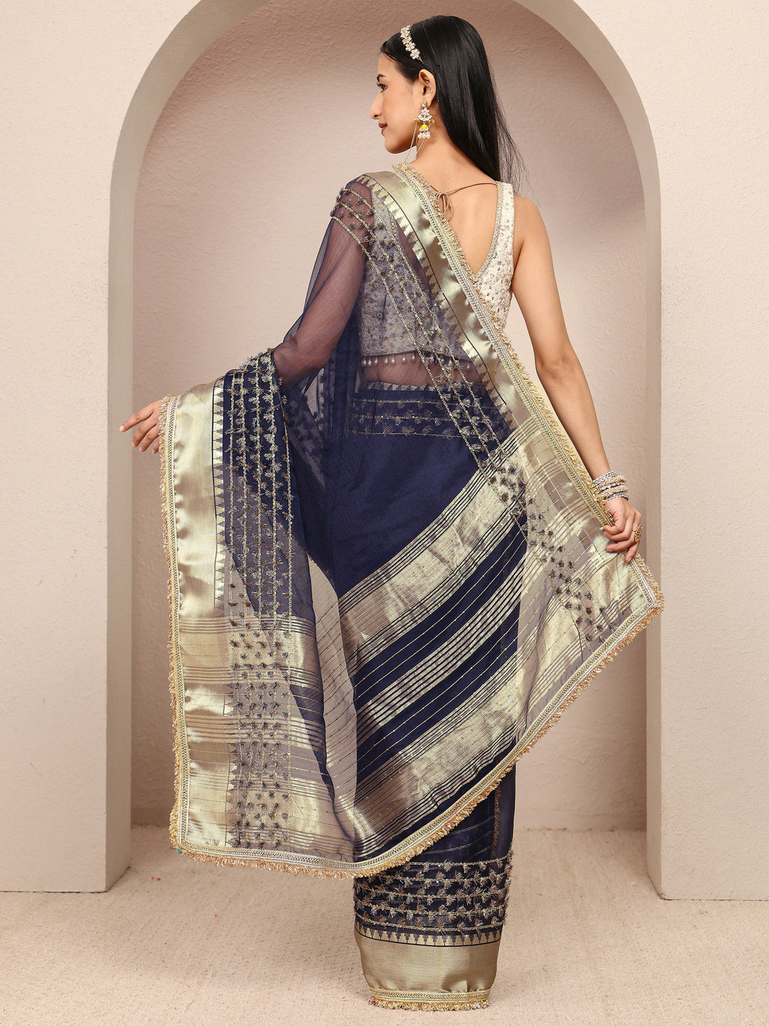 Navy Blue Woven Design Chanderi Silk Saree With Unstitched Blouse Piece