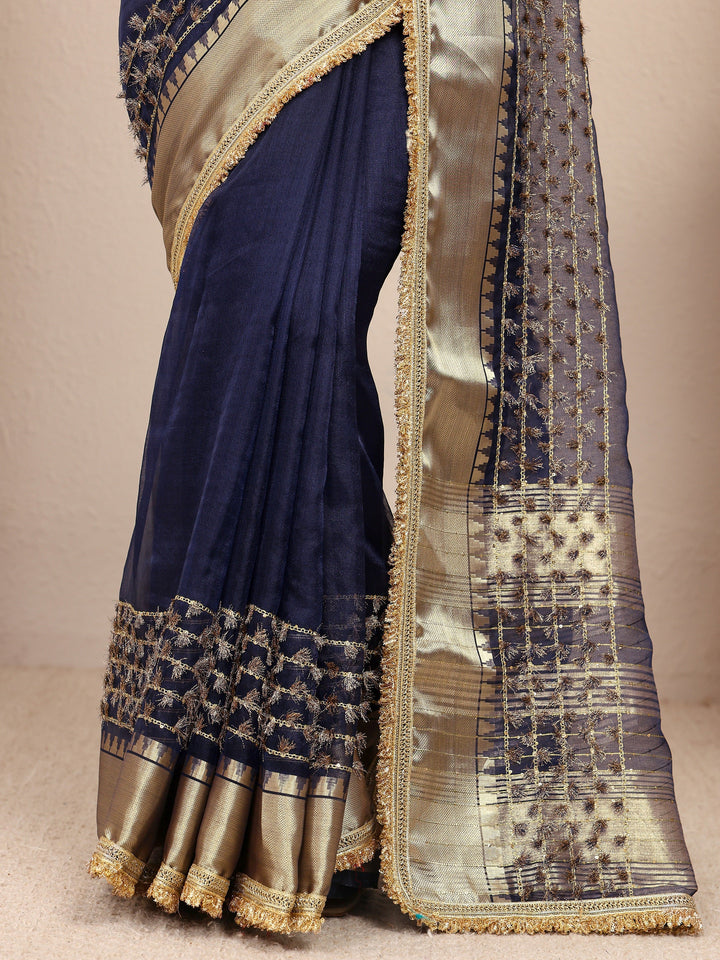 Navy Blue Woven Design Chanderi Silk Saree With Unstitched Blouse Piece