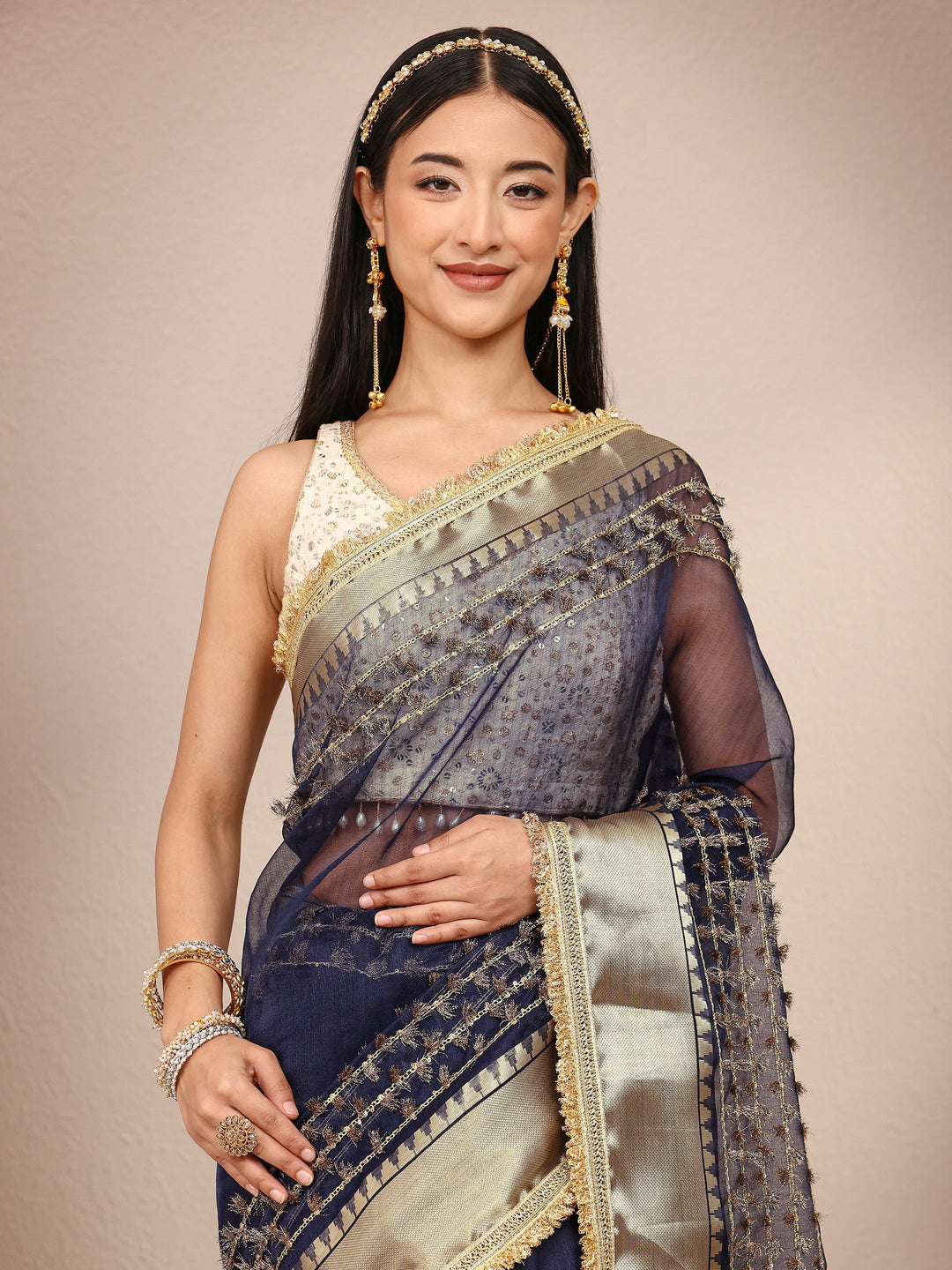 Navy Blue Woven Design Chanderi Silk Saree With Unstitched Blouse Piece
