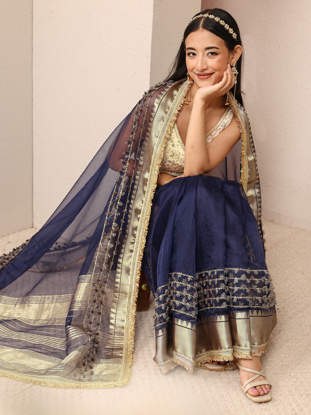 Navy Blue Woven Design Chanderi Silk Saree With Unstitched Blouse Piece