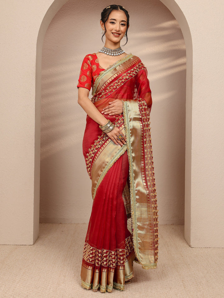 Red Woven Design Chanderi Silk Saree With Unstitched Blouse Piece